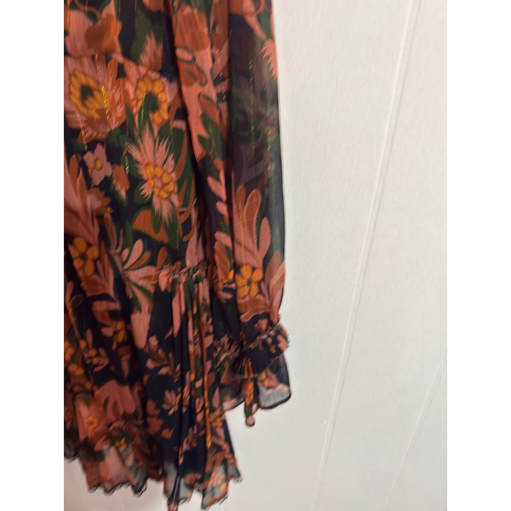 Coach 1941 Flowy Floral Pleated Dress w Tie Front Sz 4 Black Gold Metallic Boho - Picture 8 of 12